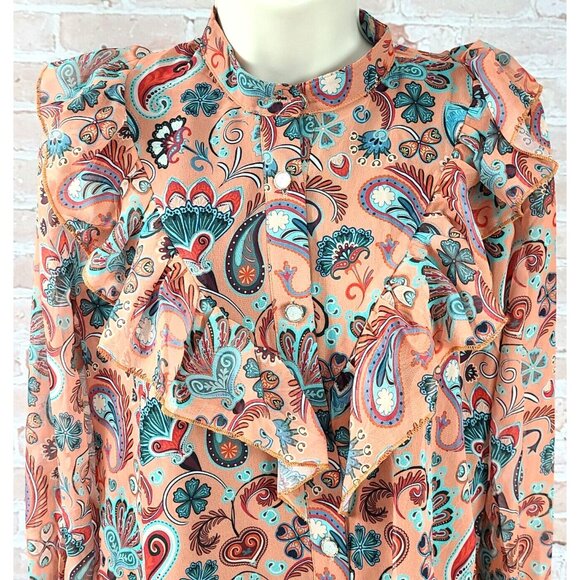Polo Bonetta Long Sleeve Blouse Ruffle Fall Colors Glitter Buttons Women S/M New - Picture 2 of 12